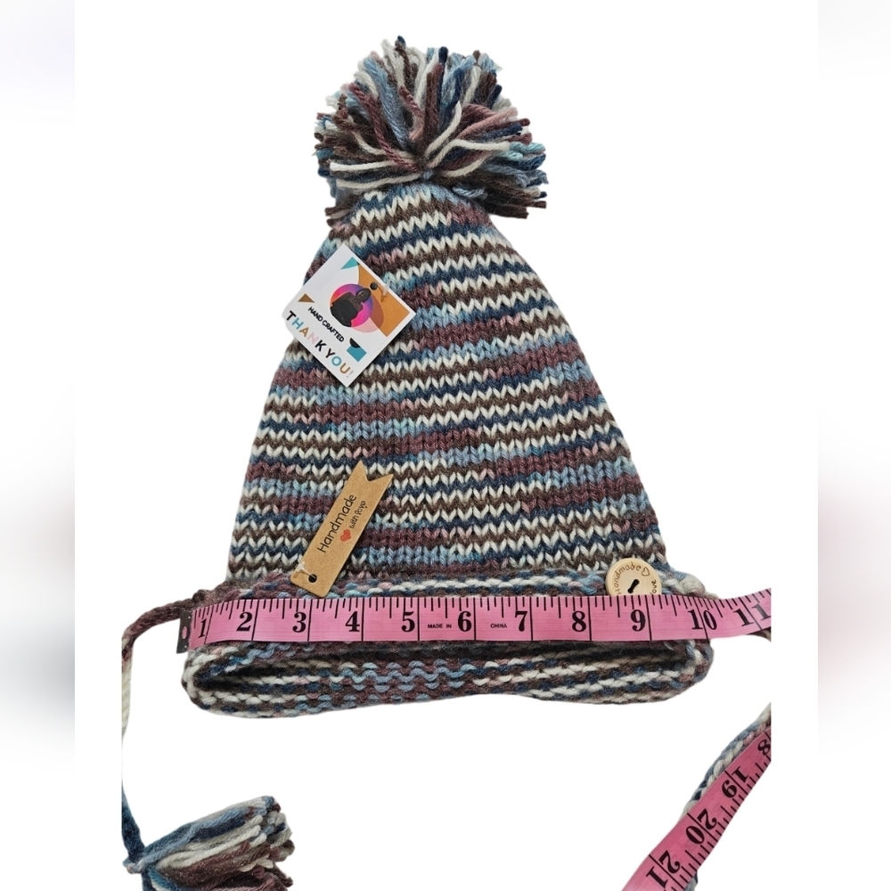 Hand Crafted Winter Hat Handmade knitted pom pom beanie multicolored crochet cap - Picture 16 of 17